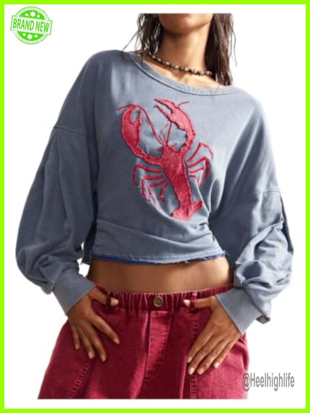 RoseSeek Lobster Graphic Sweatshirt Long Sleeve Pullover Slit Side